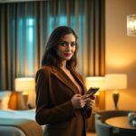 Confident businesswoman in brown blazer using smartphone in luxury hotel room.