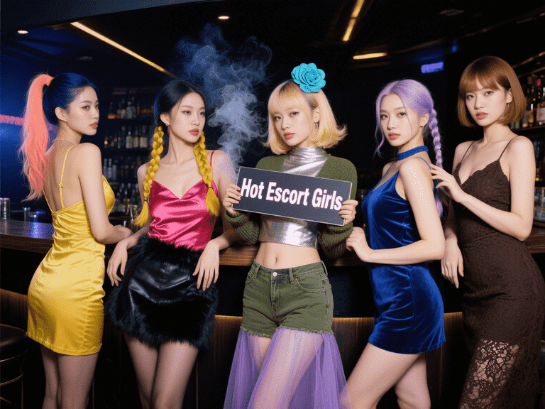 Five women in stylish dresses pose for a photo. "Hot Escort Girls" sign is held in the center.