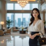 Confident businesswoman in stylish white top and black skirt stands in a modern hotel lobby.