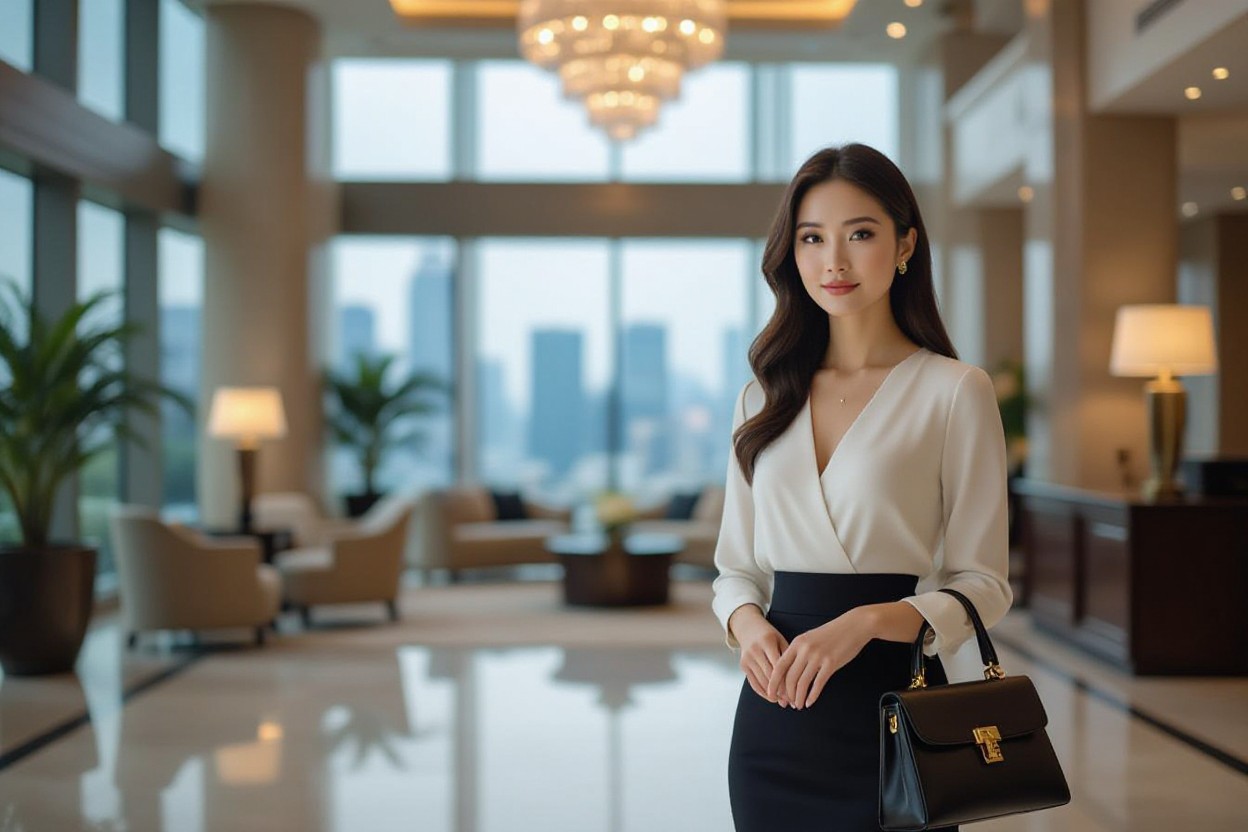 Confident businesswoman in stylish white top and black skirt stands in a modern hotel lobby.