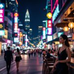 Elegant woman in black dress at a bar, overlooking a vibrant city street at night.