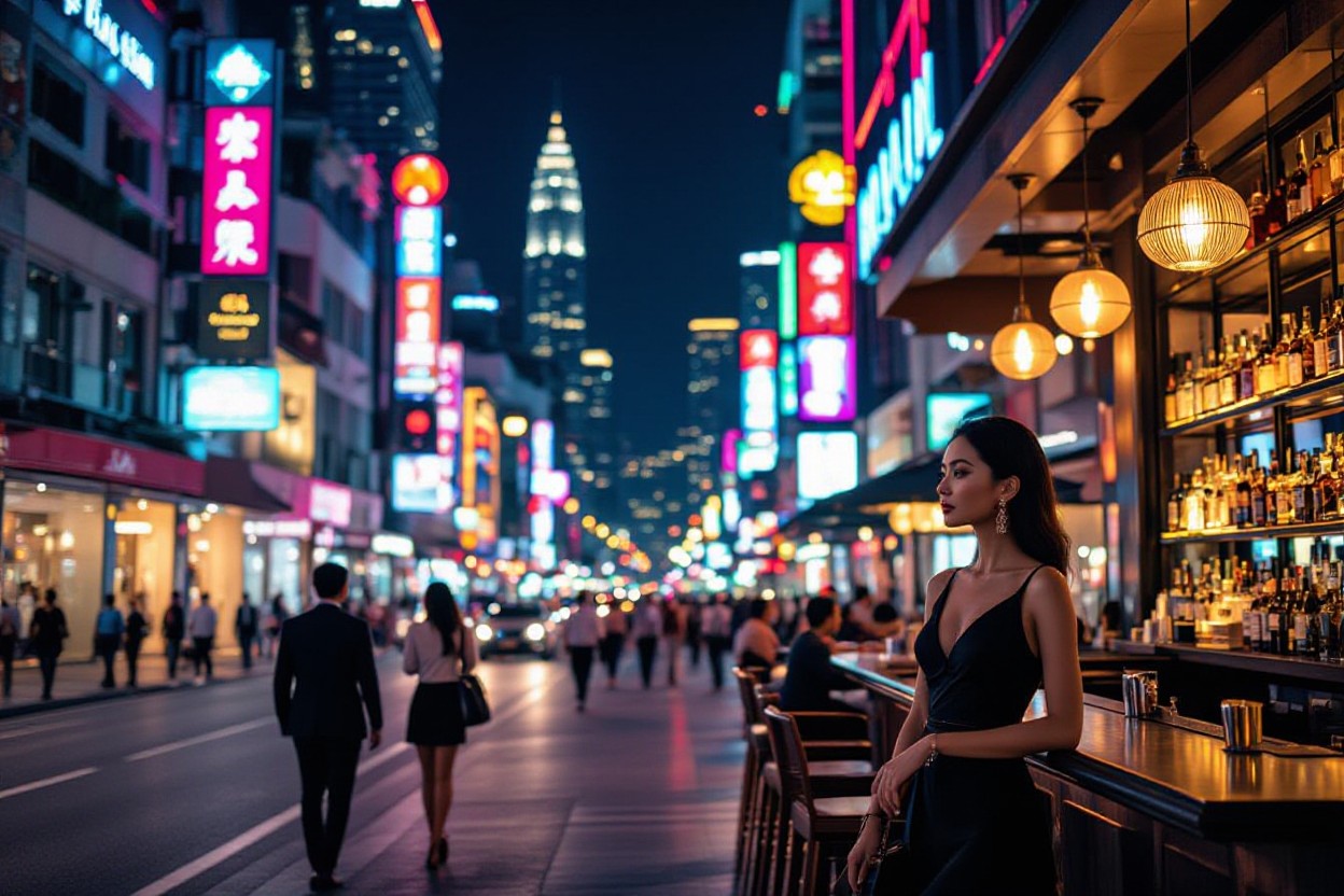 Elegant woman in black dress at a bar, overlooking a vibrant city street at night.
