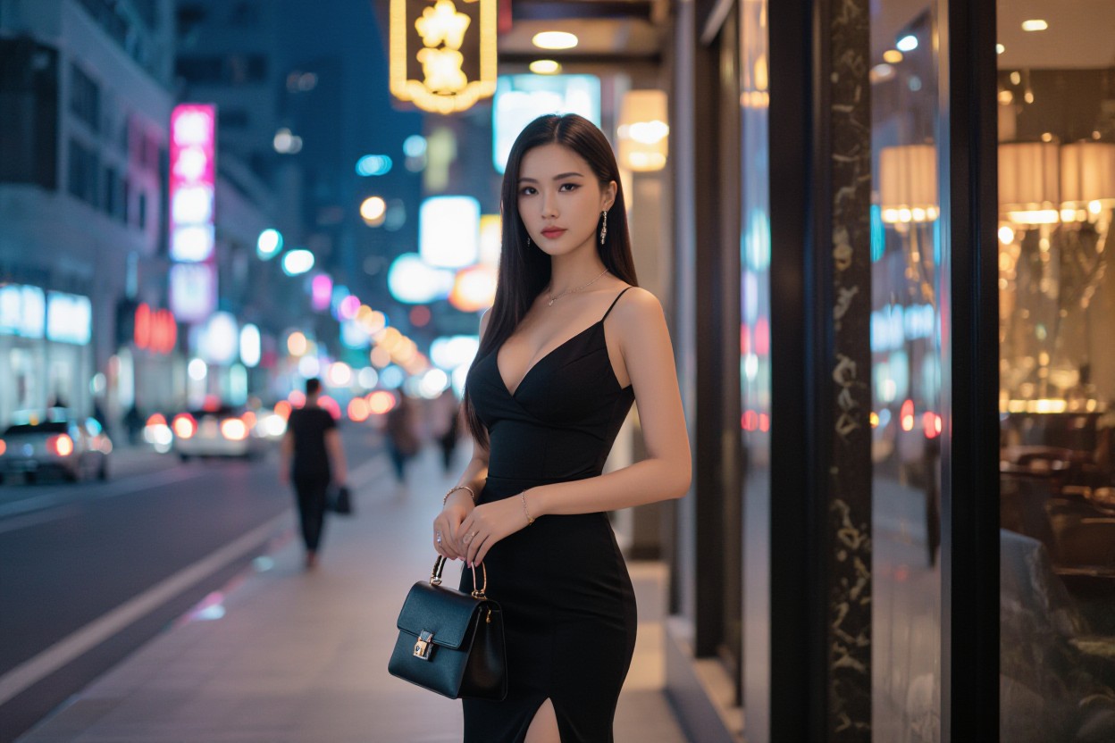 Elegant woman in a black dress with a purse stands on a vibrant city street at night.