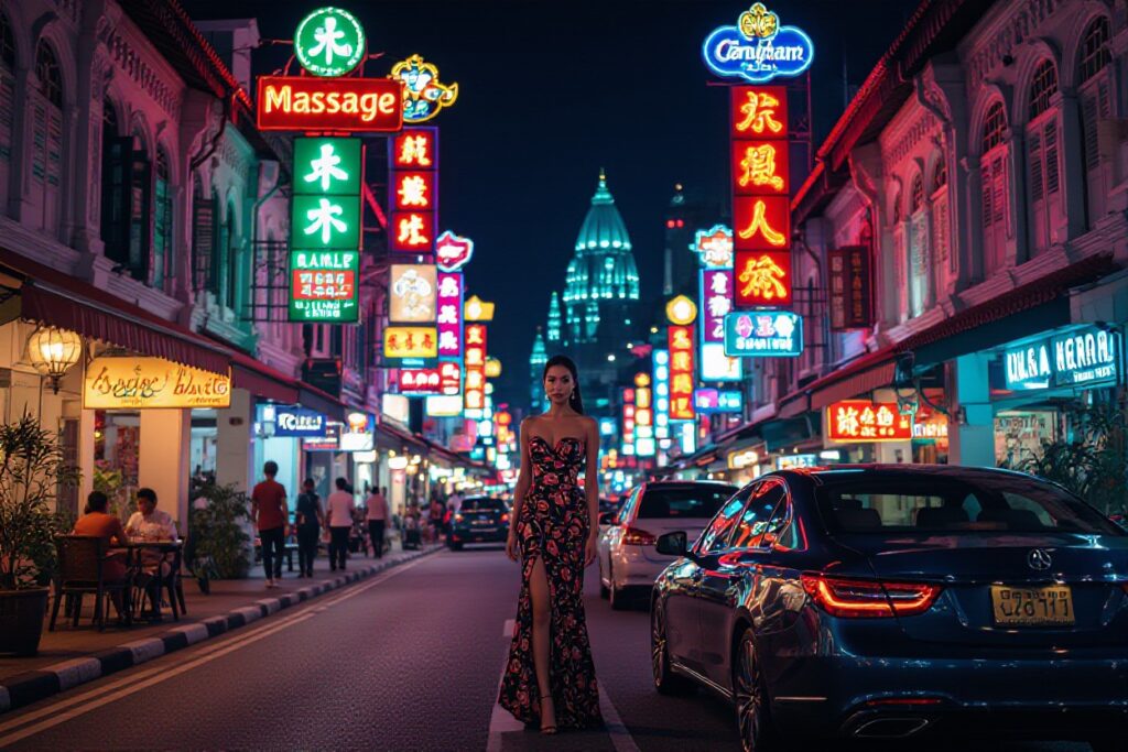 Woman in dress on vibrant Singapore street at night with neon signs and a parked car.