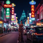 Woman in dress on vibrant Singapore street at night with neon signs and a parked car.