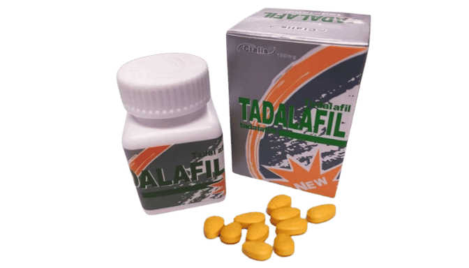 Tadalafil erectile dysfunction pills with box and bottle.