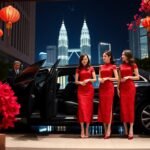 Elegant women in red dresses, Kuala Lumpur skyline, Lunar New Year