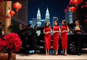 Elegant women in red dresses, Kuala Lumpur skyline, Lunar New Year