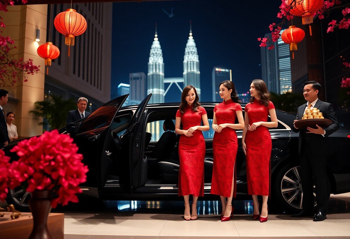 Elegant women in red dresses, Kuala Lumpur skyline, Lunar New Year