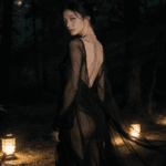 Woman in sheer black dress in a dimly lit forest path with lanterns.
