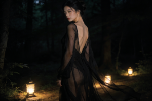 Woman in sheer black dress in a dimly lit forest path with lanterns.