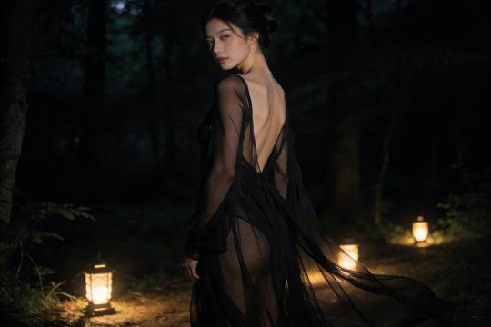 Woman in sheer black dress in a dimly lit forest path with lanterns.