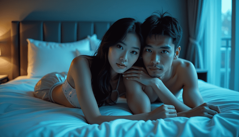 Man and woman lying in bed, looking at each other