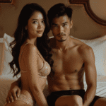 Couple posing on a bed in a hotel room