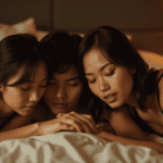 Three young women in intimate embrace on a bed