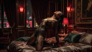 Woman in black lingerie posing on a luxurious bed with city view