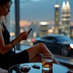 Woman in black dress with phone and whiskey, luxury car and city view