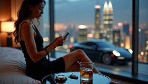 Woman in black dress with phone and whiskey, luxury car and city view