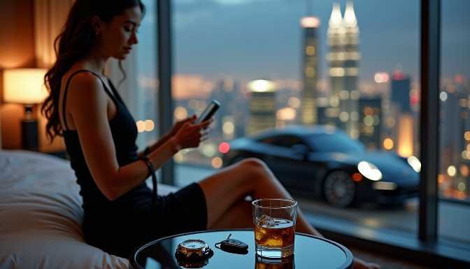 Woman in black dress with phone and whiskey, luxury car and city view