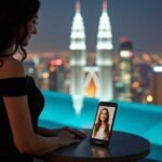 Woman on balcony with city view video calling