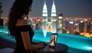 Woman on balcony with city view video calling