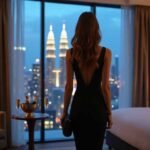 Woman in black dress overlooking city skyline from luxury hotel room at night