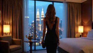 Woman in black dress overlooking city skyline from luxury hotel room at night