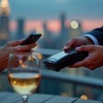 Woman pays with phone at a restaurant with city view