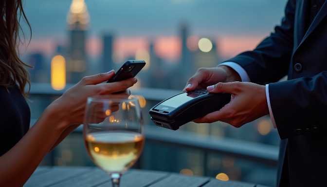Woman pays with phone at a restaurant with city view
