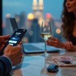 Man pays with phone at table with cash, car key, and wine glass