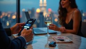 Man pays with phone at table with cash, car key, and wine glass