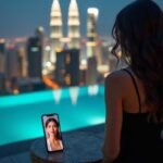 Woman on rooftop video calling with a friend overlooking city skyline