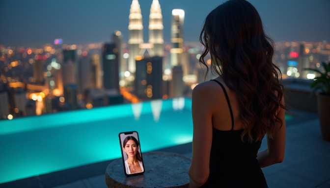 Woman on rooftop video calling with a friend overlooking city skyline