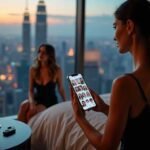 Two women in a hotel suite with a city view, one holding a smartphone