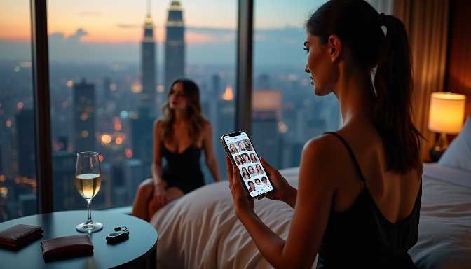 Two women in a hotel suite with a city view, one holding a smartphone