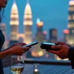 Couple on rooftop with phones, city skyline at night