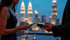 Couple on rooftop with phones, city skyline at night