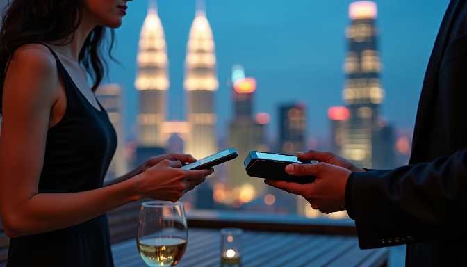 Couple on rooftop with phones, city skyline at night
