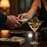 Man hands woman stack of cash next to martini