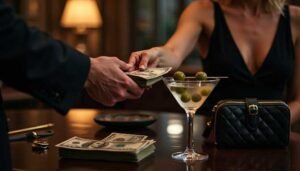 Man hands woman stack of cash next to martini
