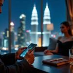 Man using smartphone at a table with city view, woman in background