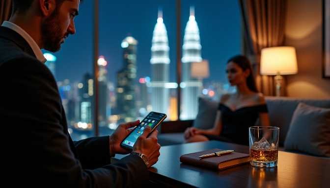 Man using smartphone at a table with city view, woman in background