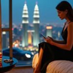 Woman in black dress using smartphone on bed with city view