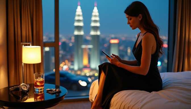 Woman in black dress using smartphone on bed with city view