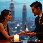 Couple enjoying a romantic dinner with city skyline view