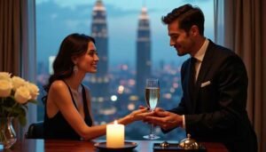 Couple enjoying a romantic dinner with city skyline view