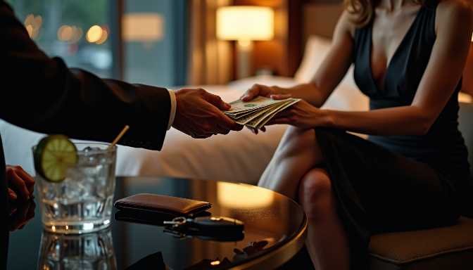 Man hands cash to woman in hotel room with car keys and drink