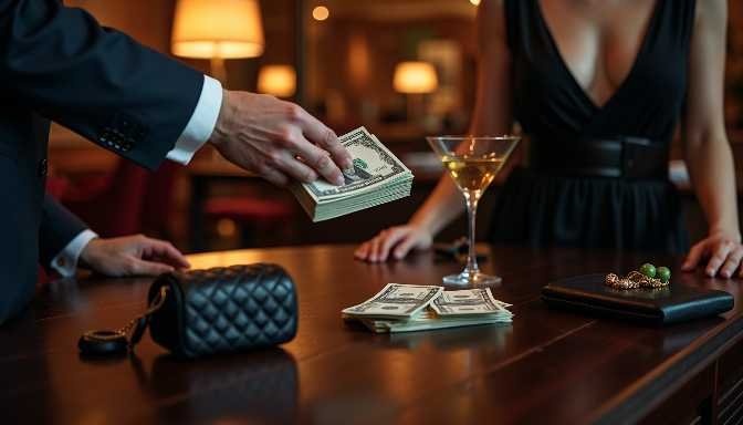 Man in suit handing money to woman in black dress at bar with martini
